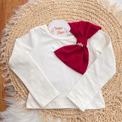 Conj. Blusa Manga Longa Big Laço e Short Saia em Tule com Bolinhas - Vermelho